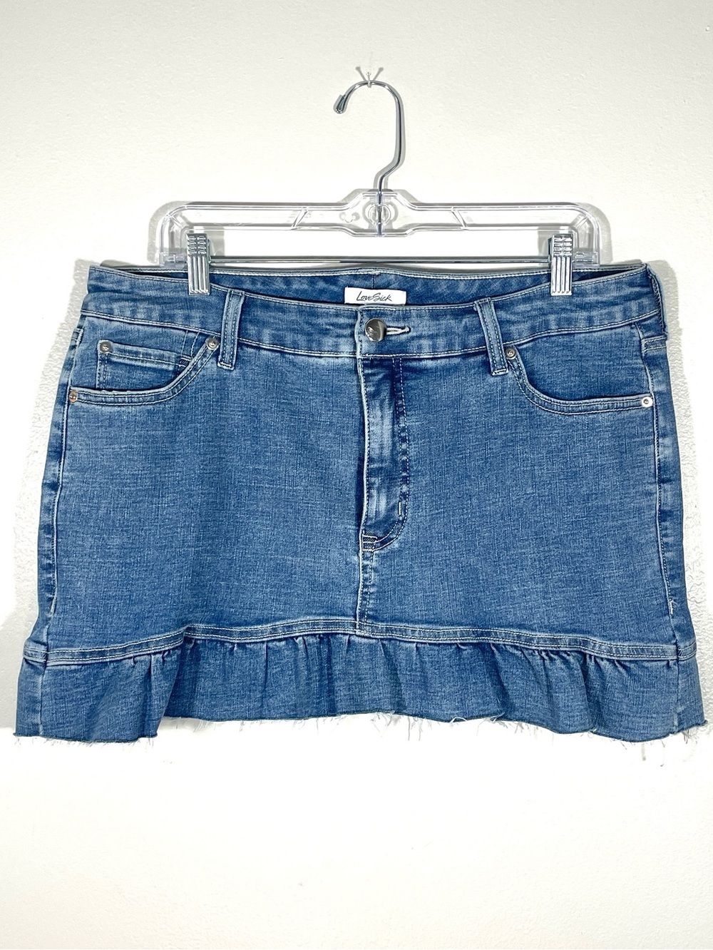 LoveSick Denim Ruffle Hem Mini Skirt Y2K Medium Wash